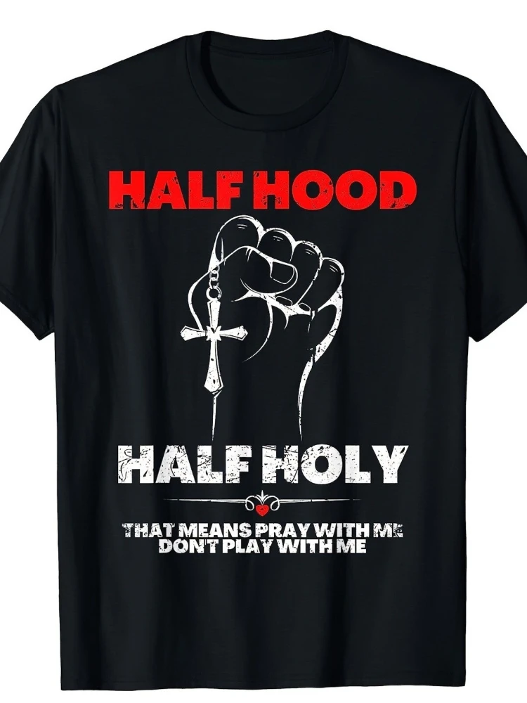 

Black'Half Hood Half Holy'Graphic with Distressed Red&White Lettering-100% cotton O-neck short sleeve printed men's T-shirt.