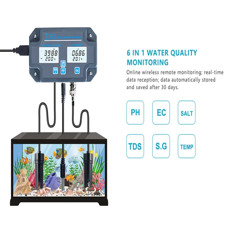 6 in 1 Digital Wifi Water Quality Tester PH/EC/TDS/SALT/G.S/Temp Meter Water Analyzer APP Smart Control Online Remote Monitoring