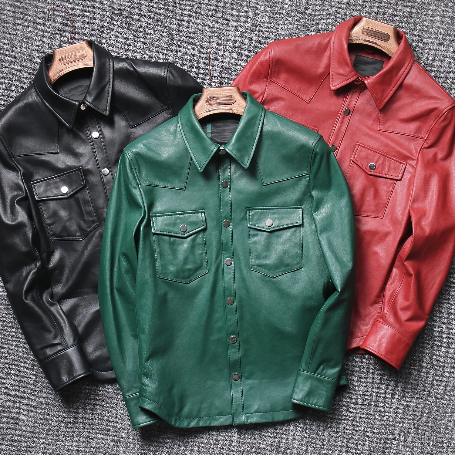 100% Real Thin Sheepskin Spring Auturmn Leather Shirt Men Single Breasted Casual Style Genuine Coat Black Green Red Motor Jacket