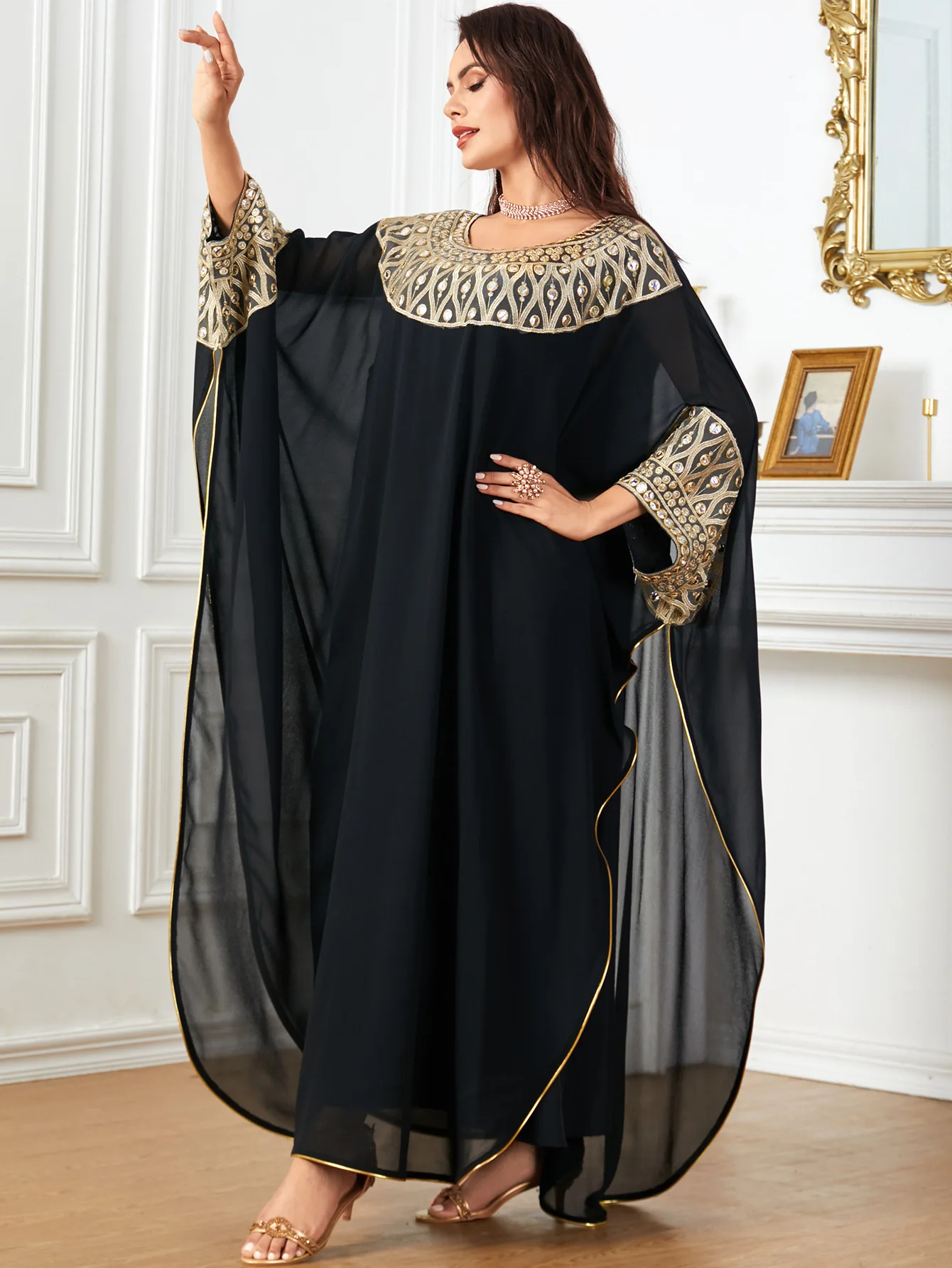 Ramadan Morocco Muslim Islamic Middle East Wholesale Arab Bat Sleeve Loose Splicing Black Women's New Dress