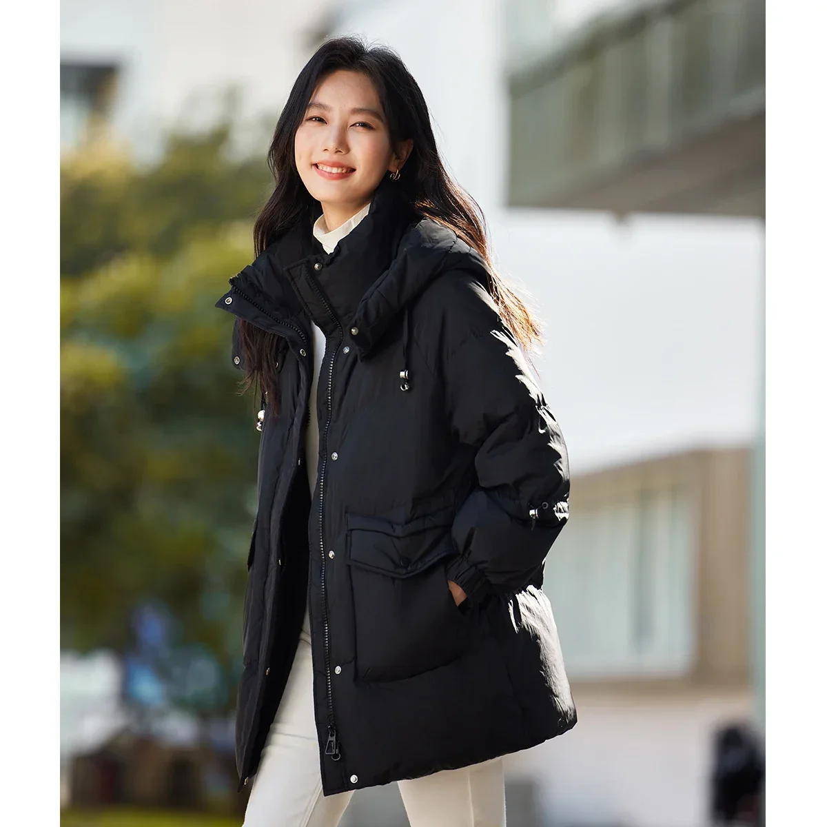 VIMLY Women's Simple Hooded Zipeer Duck Down Coat Winter Lightweight WarmThick Stand Collar Long Sleeve Office Lady Clothing