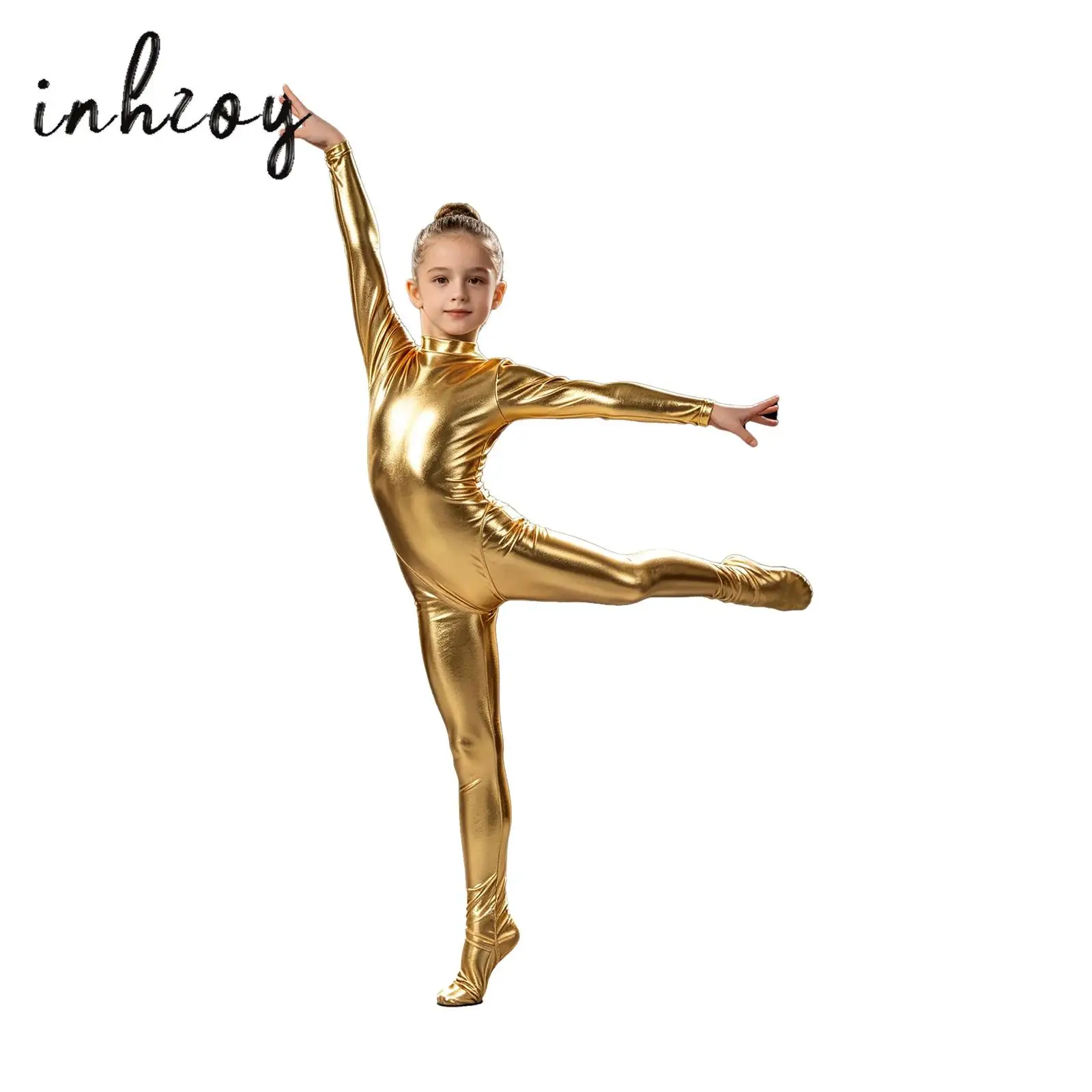 Kids Girls Metallic Acrobatic Gymnastic Unitard Footed Jumpsuit Long Sleeve Shiny Bodysuit for Performance Ballet Leotards