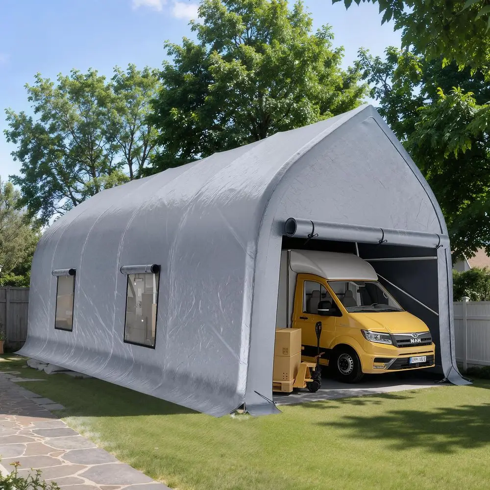 

12 x 30 FT WalnutShaped Outdoor Carport, Heavy Duty Enclosed Carport, UV amp Snow Resistant, Roll Doors amp Mesh Windows, for