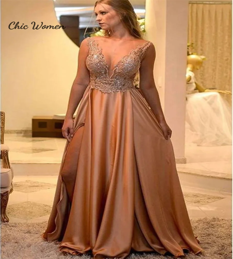 Chic Gold Prom Dress With Slit Sexy V Neck Lace Floor Length Satin Arabic Evening Gown 2023 Elegant Women Formal Birthday Wear