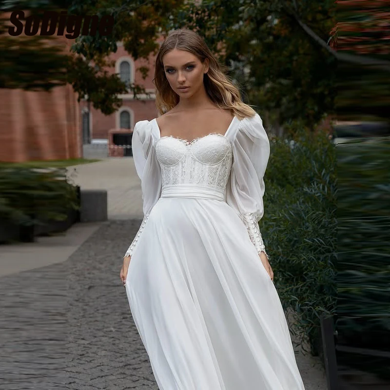 SoDigne A-line Chiffon Wedding Dresses Full Sleeves Sweetheart Bridal Dress Bohemian Wedding Gown Robe De Mairee Customized