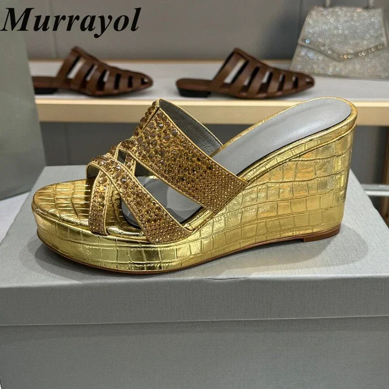 Women Real Leather Wedges Heel Thick Sole Bling Rhinestone Slippers Exposed Toes Glitter Crystal Sandals Summer Vacation Shoes