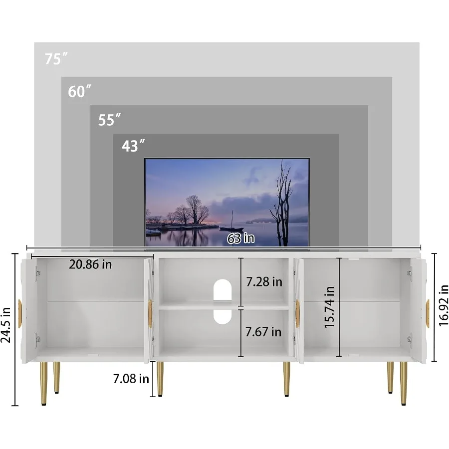 حامل تلفزيون أبيض مقاس 63 بوصة لمركز الترفيه التلفزيوني 65 70 75 بوصة مع خزائن تخزين وأبواب نمط منقوشة في منتصف القرن