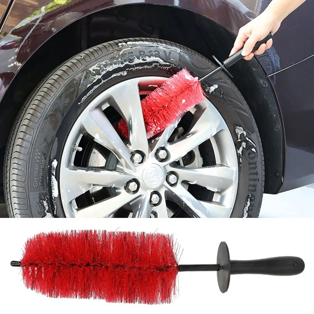 

Non-Scratch Car Wheel Wash Brush Red Multifunction Long Tire Cleaning Brush Plastic Durable Soft Bristle Wheel Rim Brush