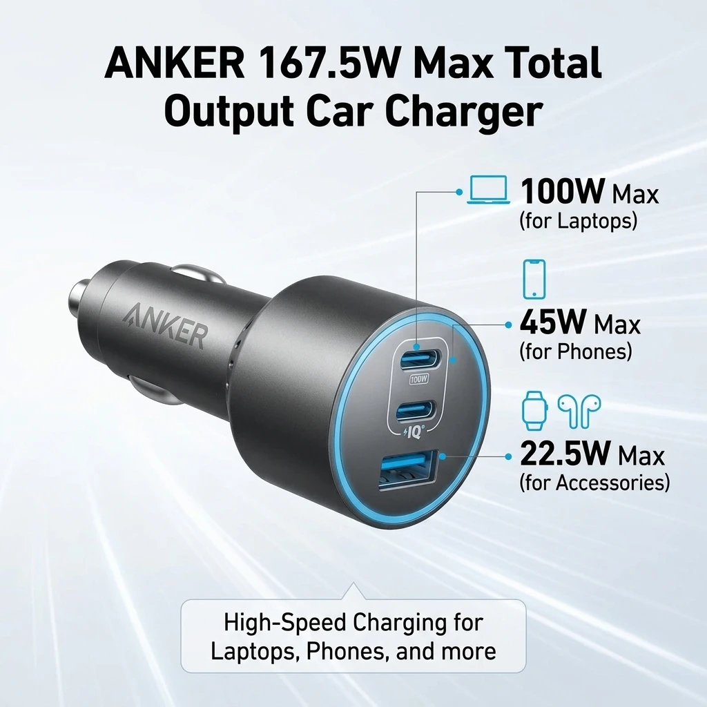 New Anker 167.5W Max 3 Ports Car Charger USB-C USB-A Fast Charging Car Adapter For Laptop Phone Tablet