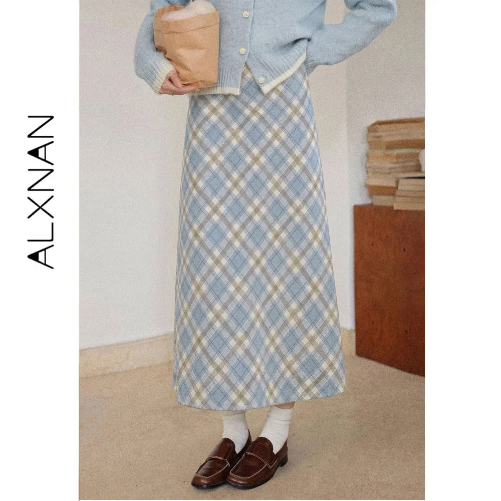 ALXNAN Light Blue Knit Midi Skirt Women 2026 Fall High Waist Straight Long Skirt Fashion Vintage Elegant Skirts Female L682251A