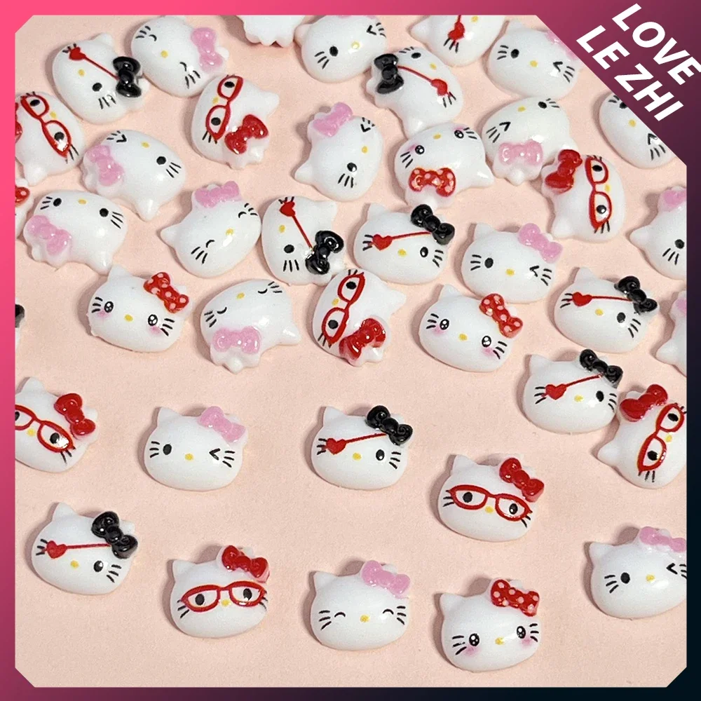 

20Pcs Mixed Kawaii 3D Hello Kittys Nail Charm Party Sticker Cat's Head Pink Bowknot Resin Nail Accessories Girl Party Sticker