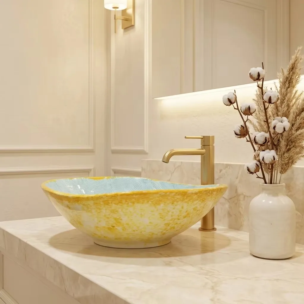 R*#  Modern Pure Relief Hand-Painted Ceramic Art Basin Flower-Shaped Countertop Mounted with Drainer for Hospital Villa Use