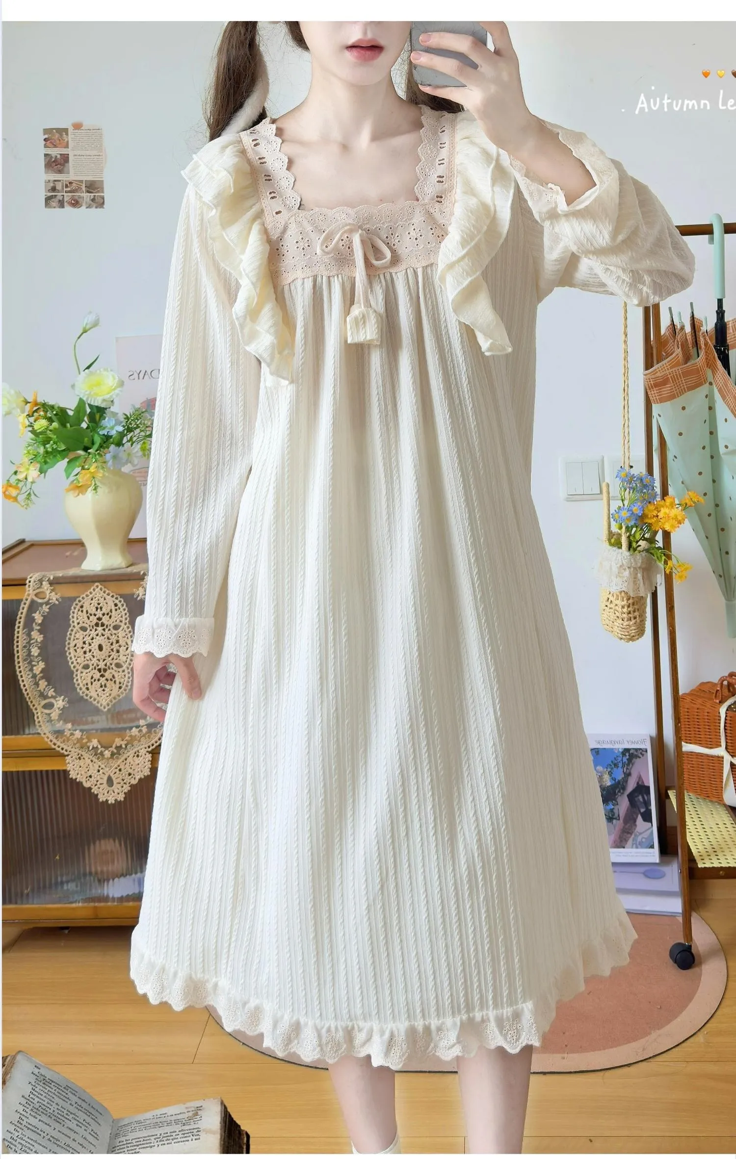 Cute Sweet Princess‑style Nightgown Sweet Women Nightgown Square Neck Lace Ruffle Long Sleeve Loose Soft Homewear Sleep Dress