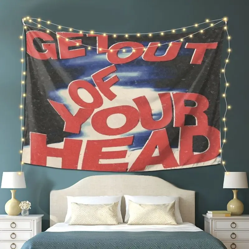 VIKAMA Get Out Of Your Head Tapestry Vintage Text Wall Hanging Retro Distressed Aesthetic Dorm Bedroom Home Wall Decor