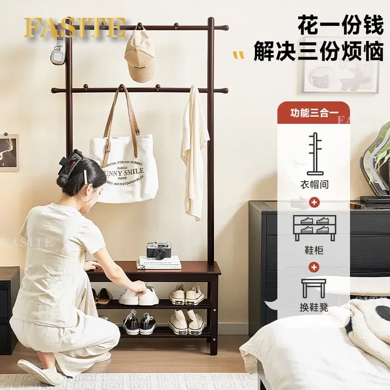 For Entryway Solid Wood Shoe Changing Stool with Hanging Coat Rack Integrated Floor Standing Bench Storage Organizer for Home