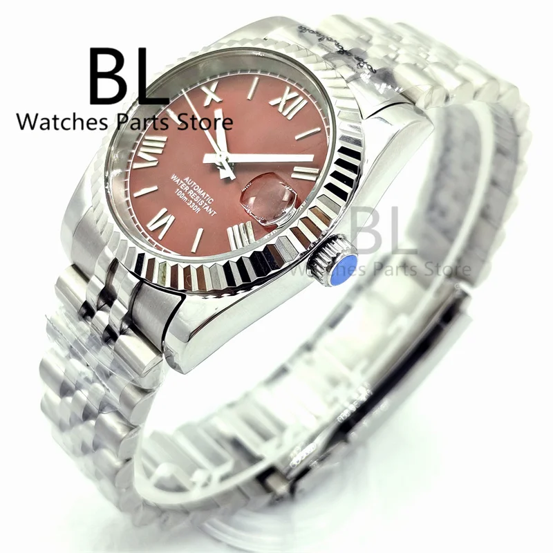 BLIGER 36mm/39mm NH35 Mechanical Watch For Men Fluted Curved Cyclop Date Sapphire Glass Sunburst Red Dial Jubilee Bracelet Glide