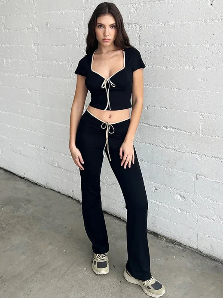 Black Flare Pants Low Waist Slim Fit Solid Color Pants for Women 2024 Fashion Sexy Waist Lace Up Hot Trousers Sweat Winter Pants