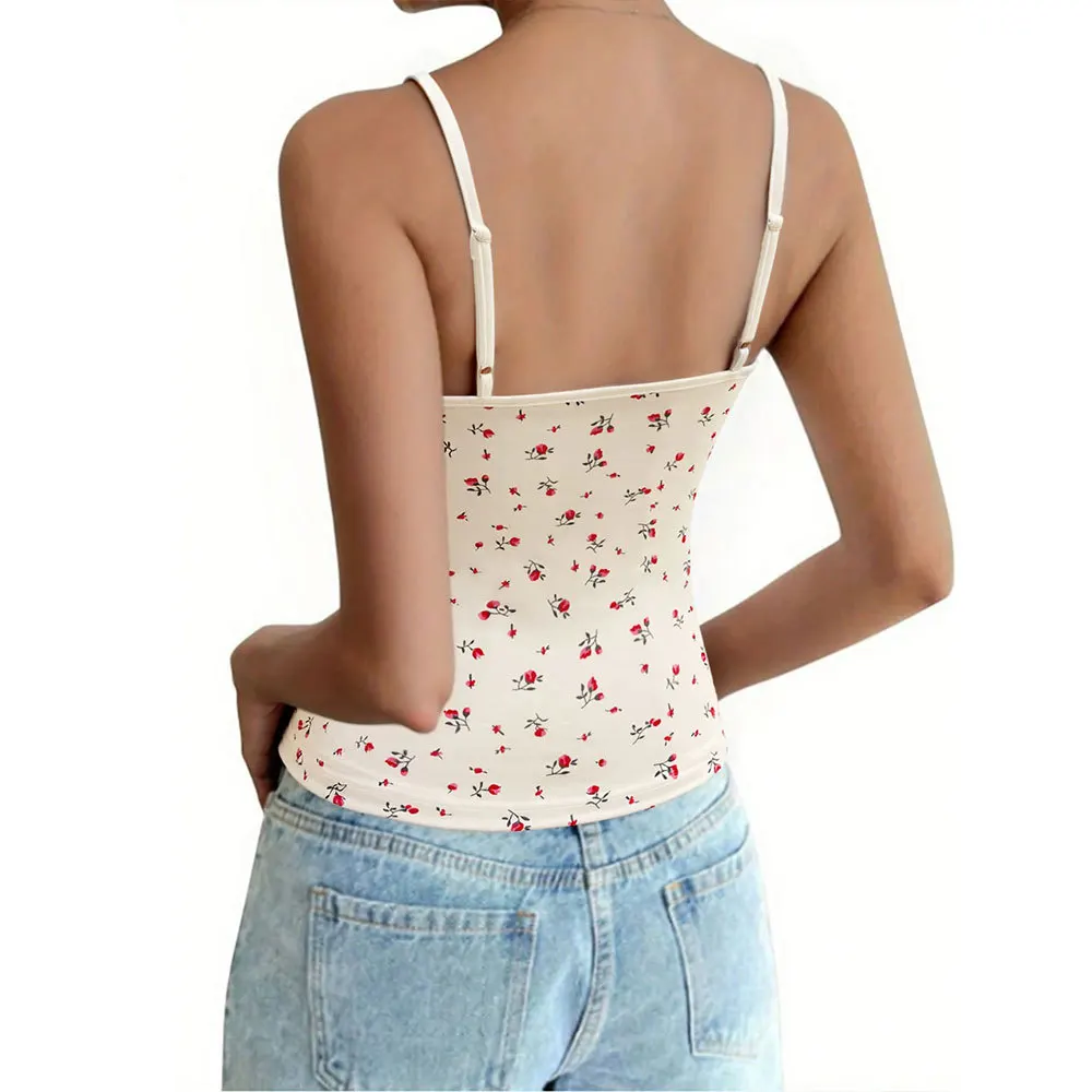 Summer New French Style V Neck Floral Print Sexy Backless Vest Top Women Casual