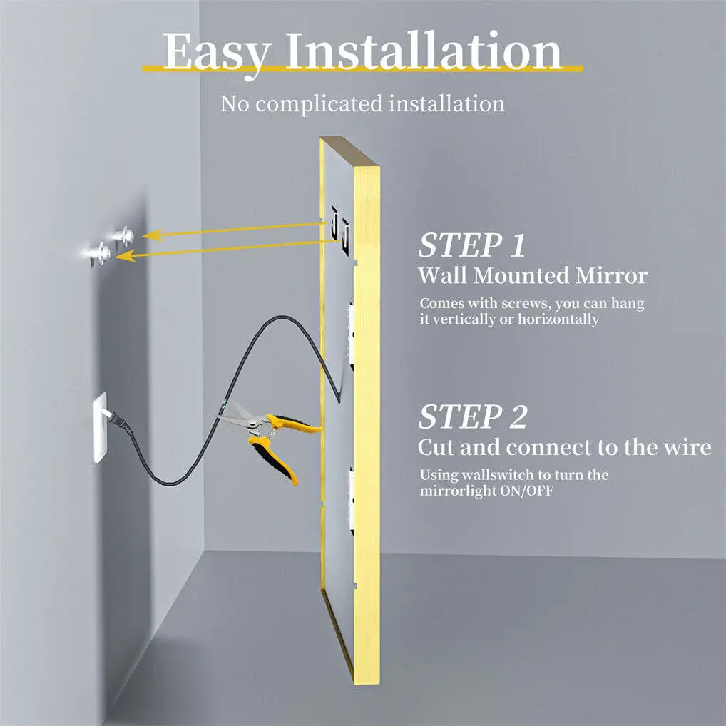 LED Bathroom Mirror Large Wall Mounted Mirror Aluminum Frame Vanity Mirror 3 Colors, Anti-Fog, Dimmable Front Light