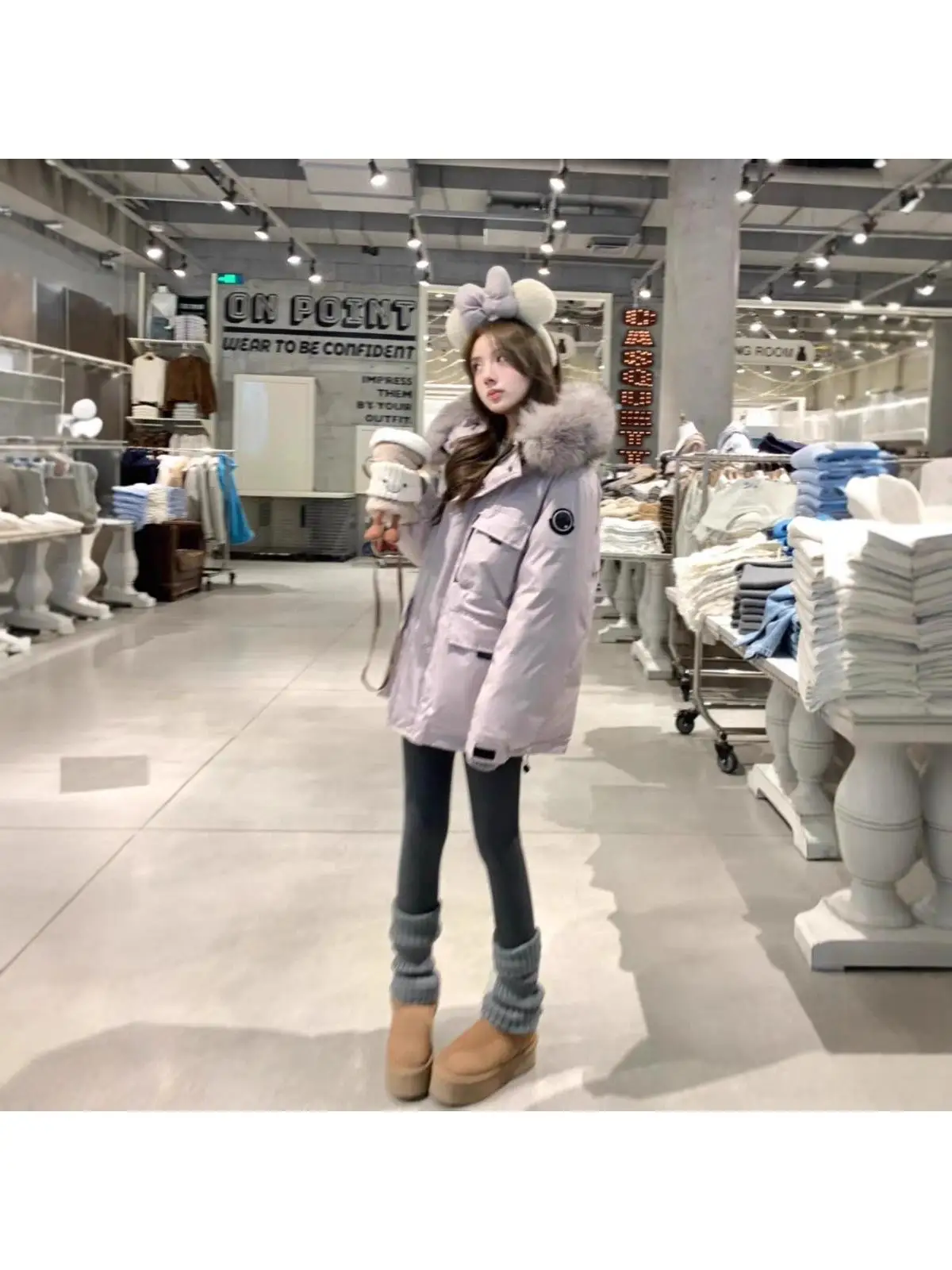 

Women's Thiened down Parka Coat Purple Crystal Ice Fur Collar Tee-Proof Fabric Winter Outerwear Long Sve Hooded Coat