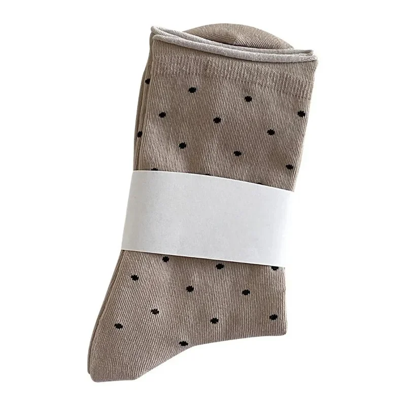 Damskie kremowe skarpetki w kropki – 1-6 par skarpetek do połowy łydki w stylu vintage, z podwiniętym brzegiem, lekkie na wiosnę i lato