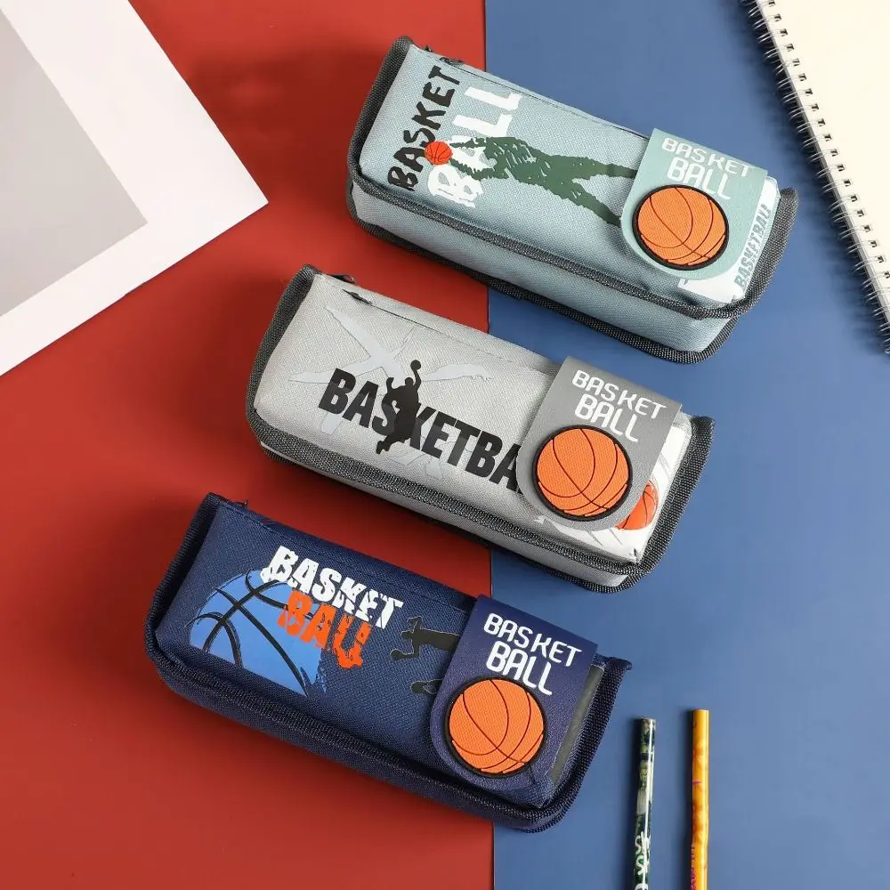 Canvas Basketball Pencil Case Large Capacity Storage Flip Double Pen Bag Multifuntion Ins Cartoon Basketball Stationery Box