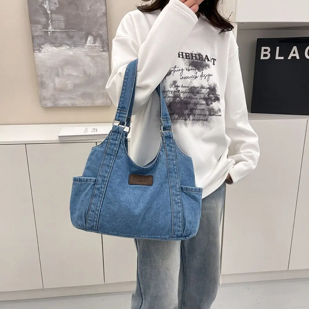 

Sweet Korean Style Denim Shoulder Bag Retro Solid Color Canvas Tote Bag PU Leather Large Capacity Handbag Women