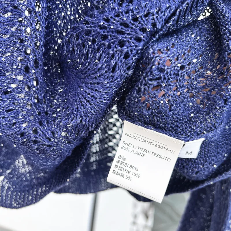 Sommer Mode Frauen Pullover One-Shoulder Kragen Langarm Schwere Hohl Pailletten Lose Dünne Gestrickte Top