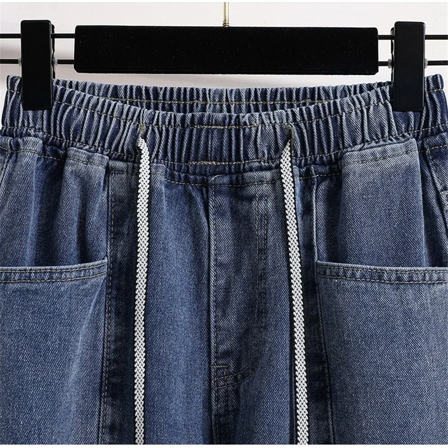 

Большие размеры 4xl 90 кг, синие прямые джинсы, женские корейские брюки Vaqueros, мешковатые брюки с завязками, эластичные брюки с высокой талией
