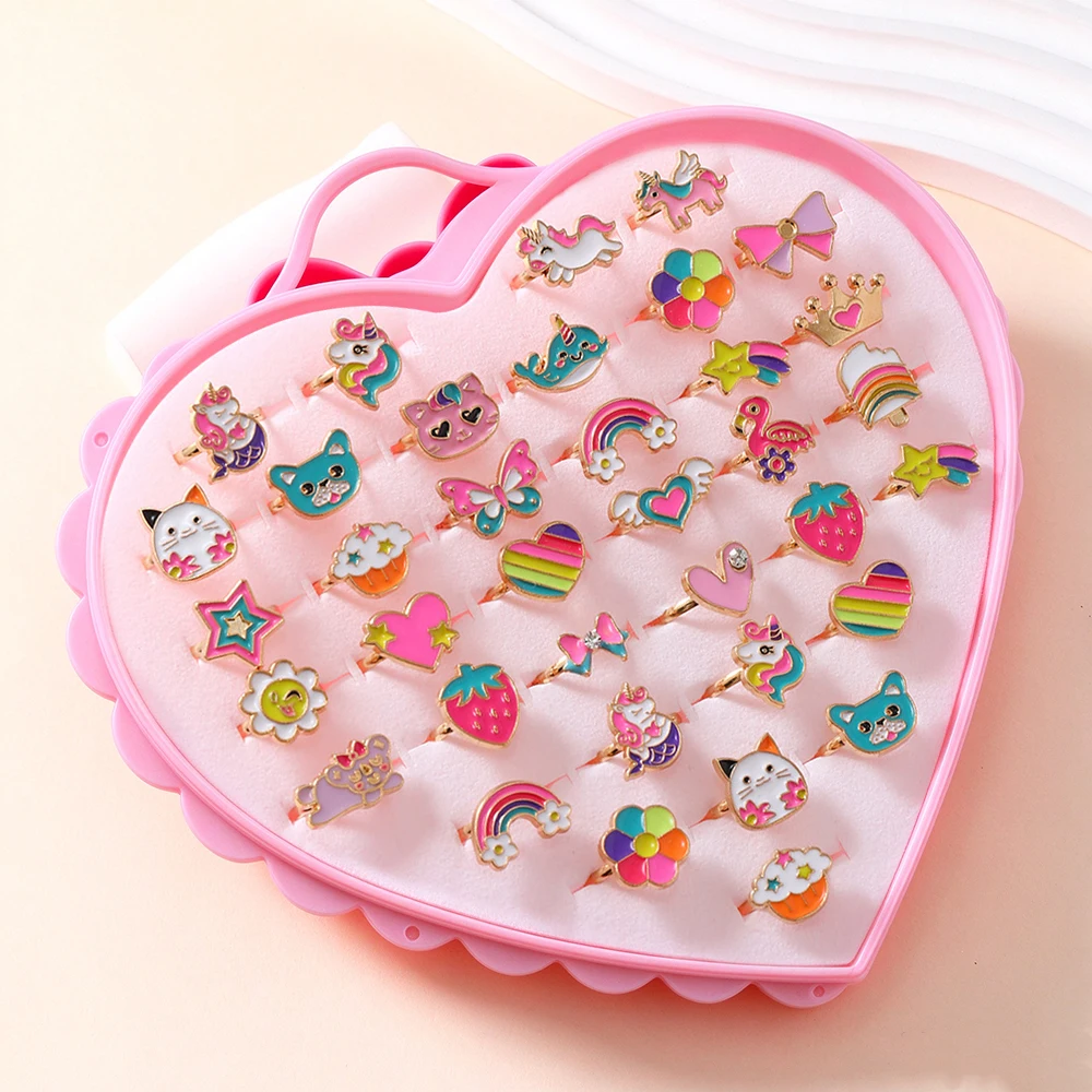 36-Piece Children's Cartoon Adjustable Ring Set for Girls, Colorful Cute Heart-Shaped Jewelry Gift Box, Birthday Party Gift