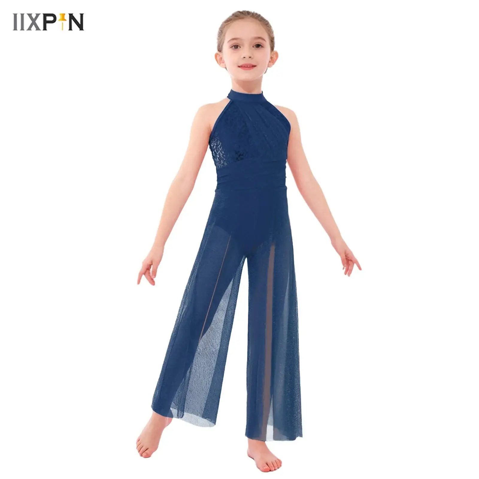 

Kids Girls Ballet Lyrical Dance Jumpsuit Sleeveless Mock Neck Crisscross Strappy Back Shiny Sequins Mesh Split Wide-Leg Bodysuit