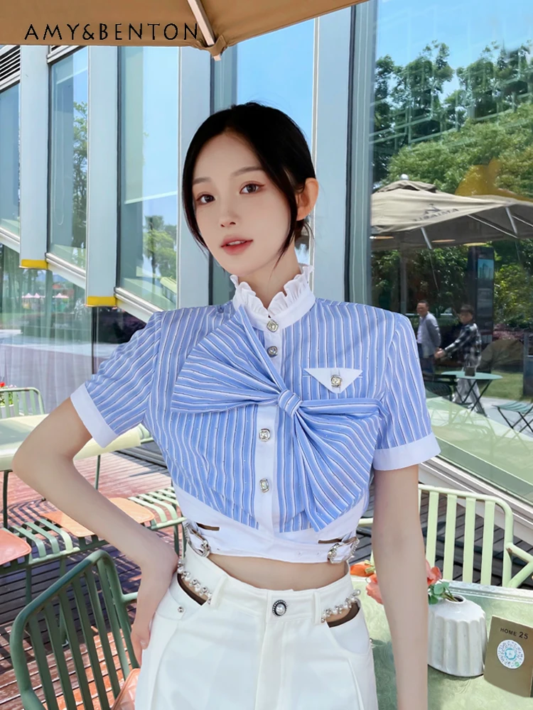 

Commute Style Graceful Fashion Striped Short Sleeve Blouse Women Summer French Socialite Graceful Bow Ruffled Stand Collar Shirt