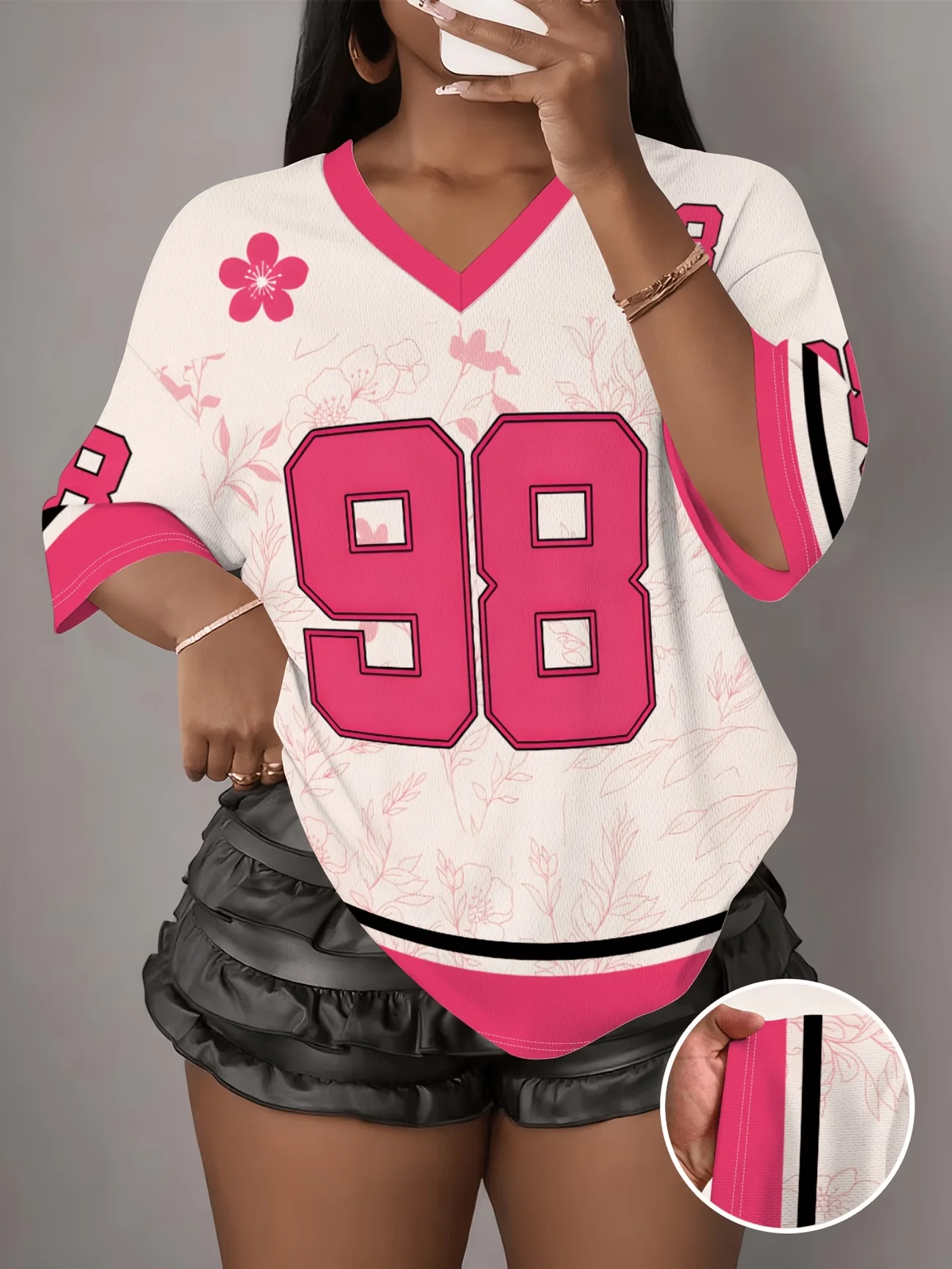 Women's Flower NO.98 Print V-Neck Short Sleeve T-Shirt Summer Graphic Tee Sport Jerseys Plus Size Sport T-Shirt