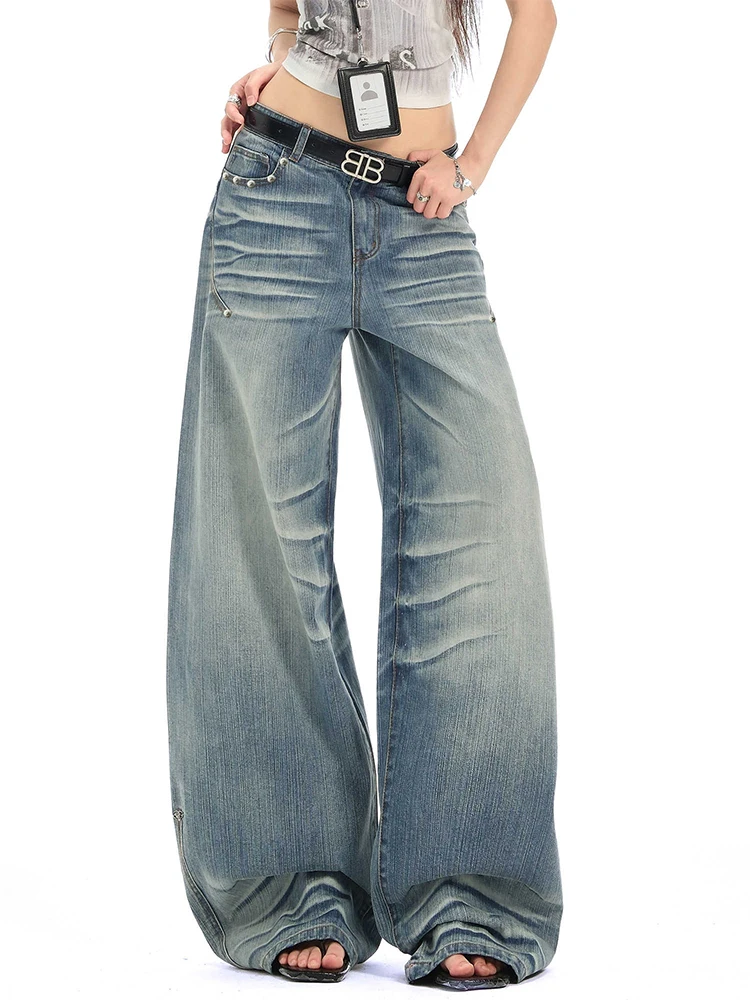 

2025 Autumn Winter Women's Vintage Denim Pants Y2K Baggy Jean Japanese Harajuku Wide Fit Jean Cowboy Embroidered High Quality