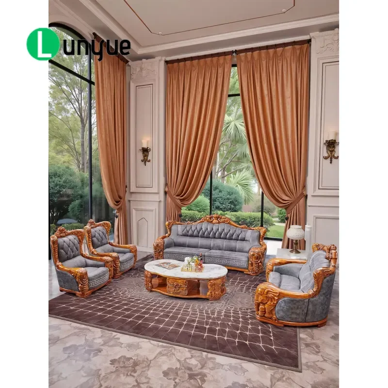 European Solid Wood Ebony Carved Sofa Set For Villa Apartment Home Living Room Furniture Classic Design Durable Comfortable