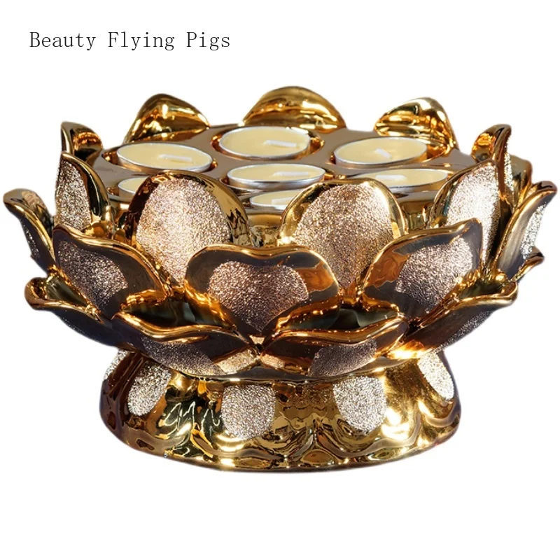 1PCS ceramic golden seven star lotus butter lamp holder for household Buddha offering candle holders