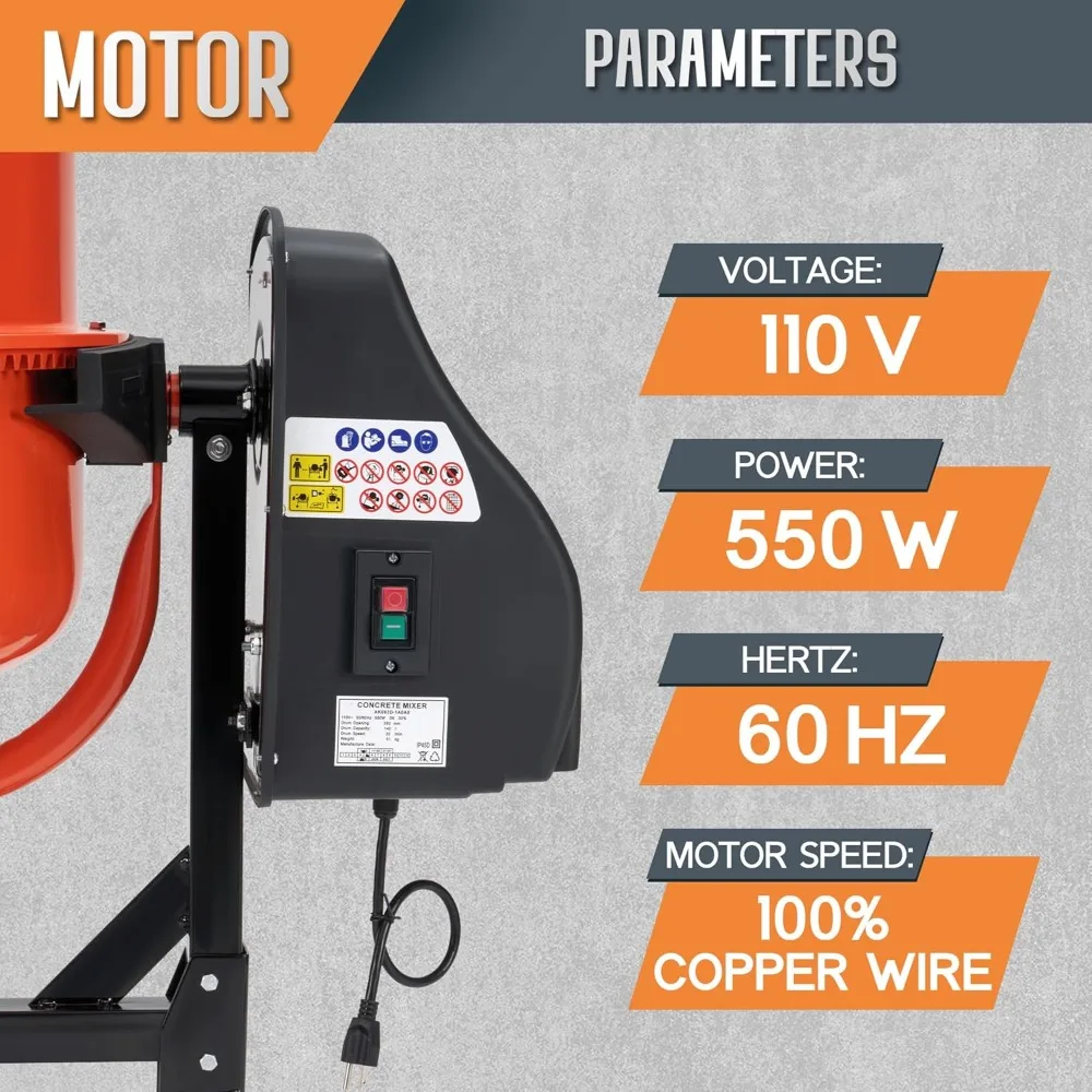 4.9 قدم مكعب. خلاط أسمنتي كهربائي، آلة خلط الخرسانة المحمولة بقدرة 550 وات مع أسطوانة سعة 140 لتر، محرك 110 فولت، دوران 30 دورة في الدقيقة
