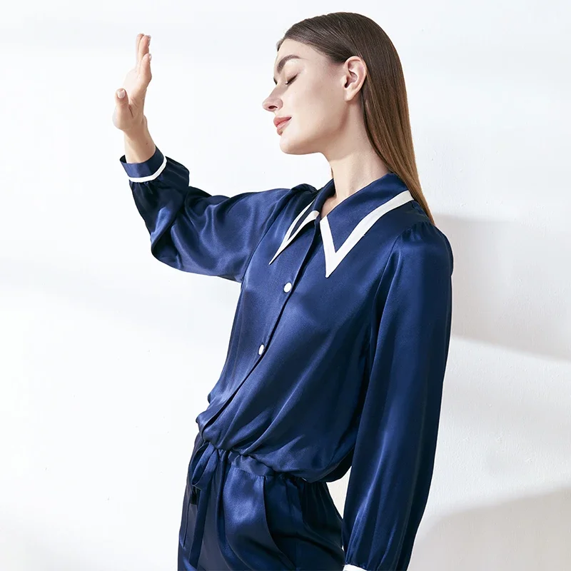 19MM 100% Mulberry Silk Pointed Collar Long-sleeved Trousers Two-piece Pajamas Set Button Down Cardigan Nightwear Pajama Outwear