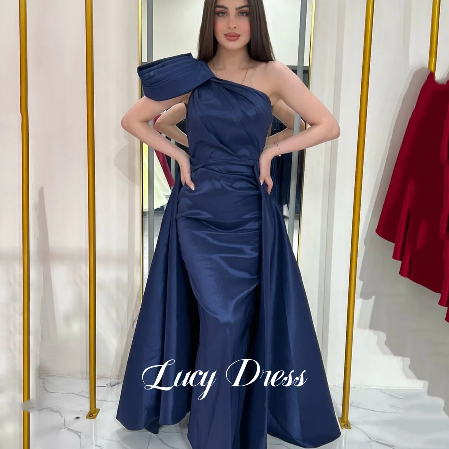 

Lucy Eid Al-fitr Luxurious Women's Evening Dresses Luxury 2024 Navy Blue One Shoulder Sleeve Woman's Evening Dress Es Prom