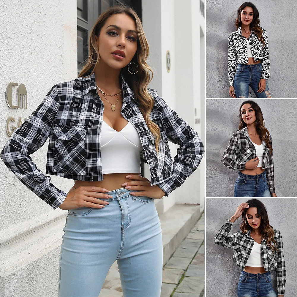 

Plaid zebra pocket long-sleeved shirt with navel short coat cardigan thin coat European and American women's clothing