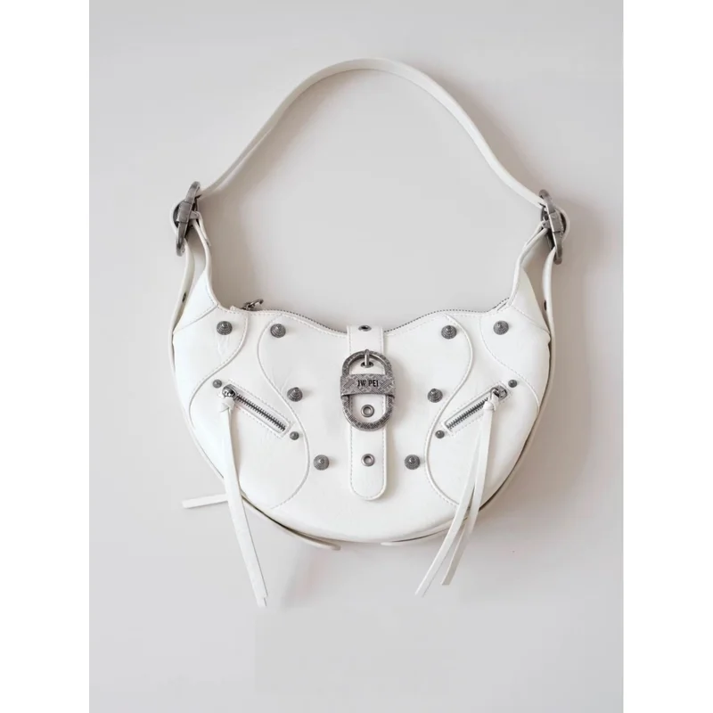 

Silver Motorcycle Bag With Rivets Punk Style Shoulder Bag For Women Y2K Fashion Crossbody Bag Vintage Handbag