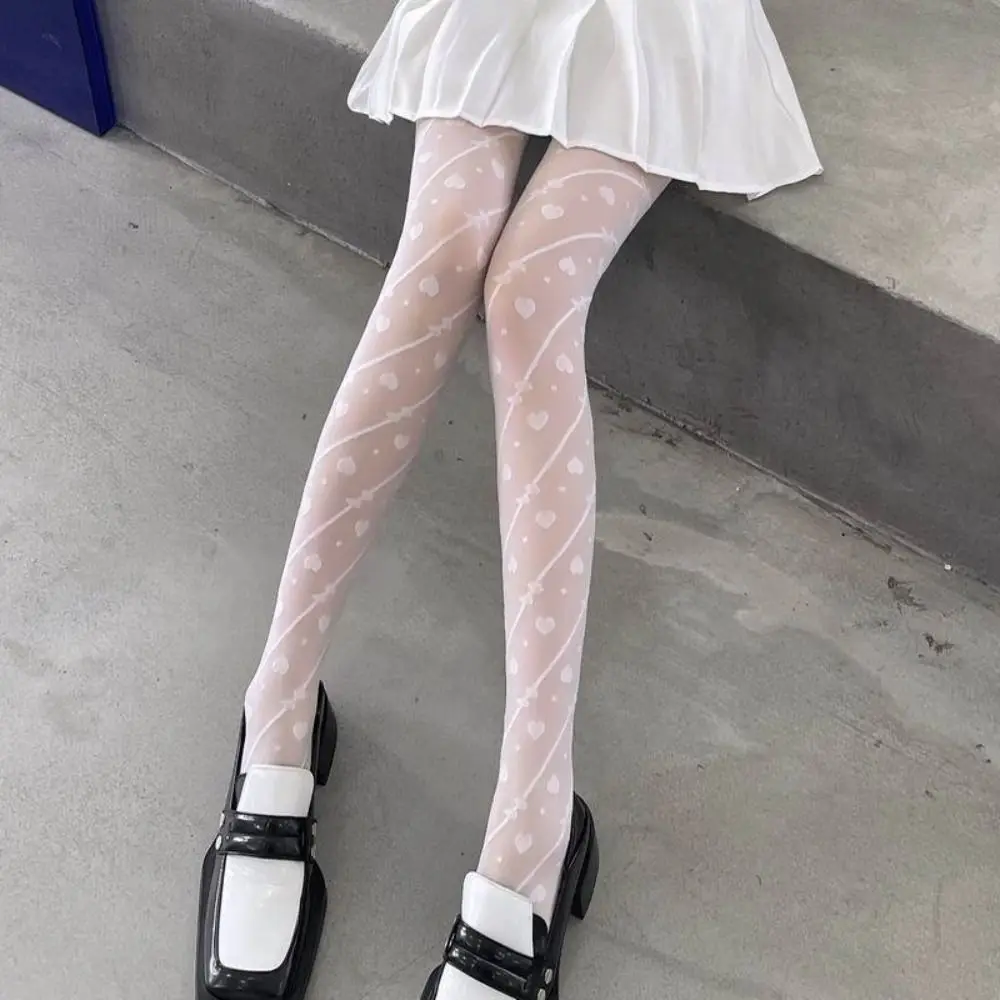 

Sweet Bowknot Heart Long Tights Transparent Lolita JK Mesh Pantyhose Harajuku Ultra-thin Stripe Dot Stockings Girl
