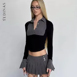 Yedinas Patchwork Turn-down Collar Shirts And Blouses Korean Style Women's Clothing Office Lady Women Shirt Autumn Tops Chic Y2k