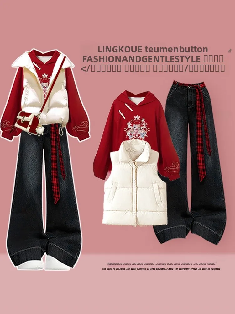 

Cisas красный женский модный комплект осень-зима Aosphere Sense толстовка хлопковый тюремный жилет джинсы в стиле ретро комплект футболок