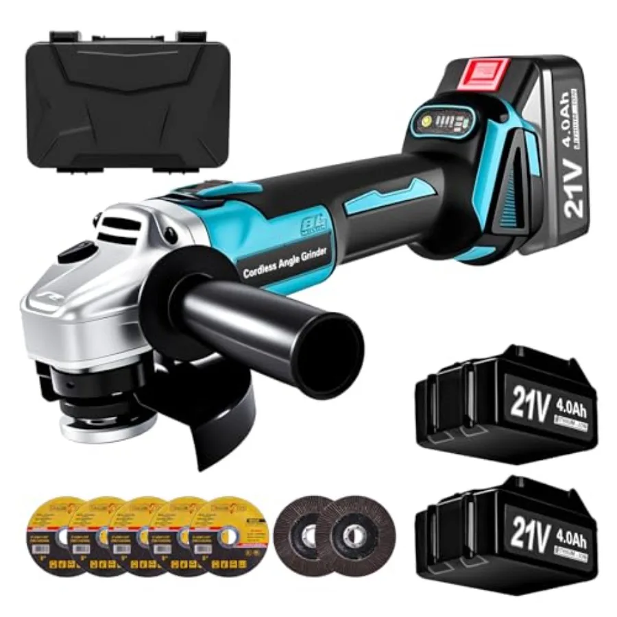 

Cordless Angle Grinder for Makita 18V 21V Battery 2x 4.0Ah Battery and Charger Power Grinder Tool 9000RPM 3 Variable Speeds Bru