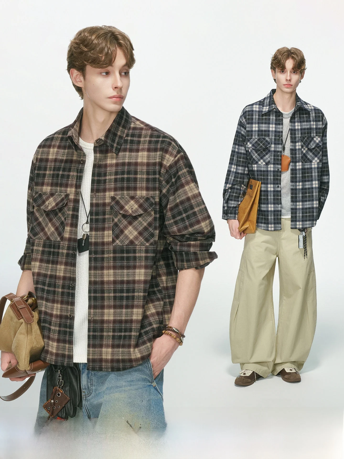 American Style Plaid Long Sleeve Work Shirt Men's 2026 Autumn New Couple Commute Versatile Shirt Loose Fit Pocket Design
