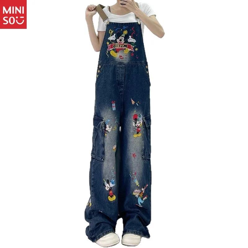 Джинсовый комбинезон с 3D вышивкой и рисунком Микки — женский комбинезон с широкими штанинами High Street, мягкая прочная ткань, регулируемые бретели