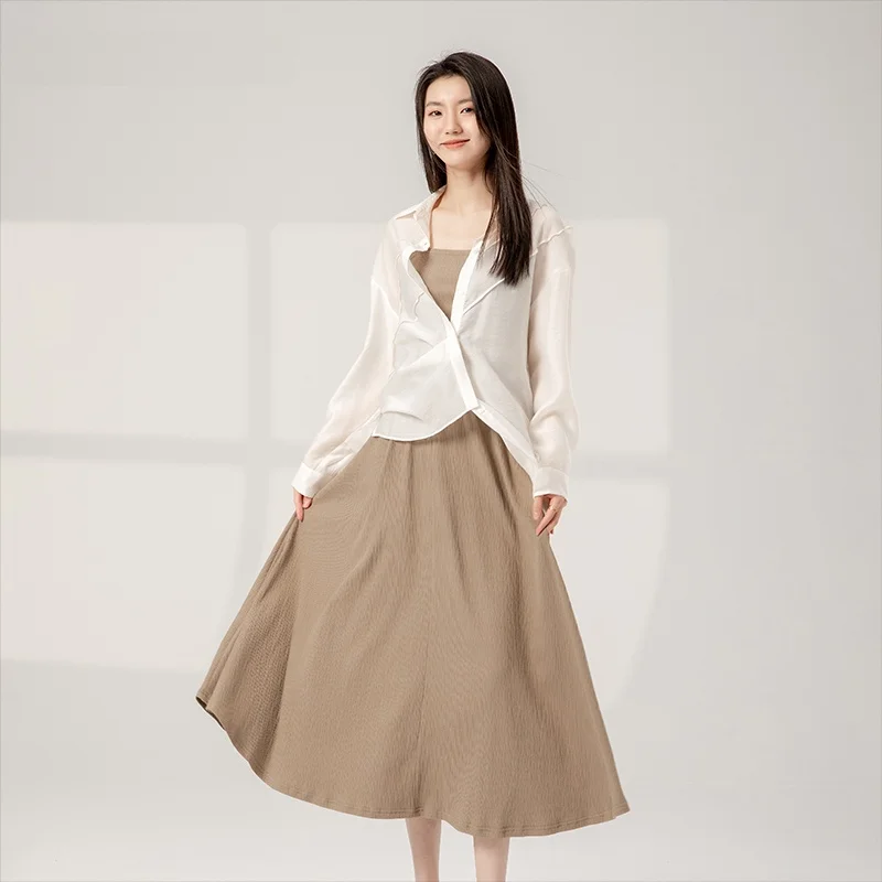 

Комплект Dailanzhi: Новинка весны – свободная юбка-миди и футболка на бретельках, простой и стильный женский костюм из полиэфирного волокна, длинный рукав