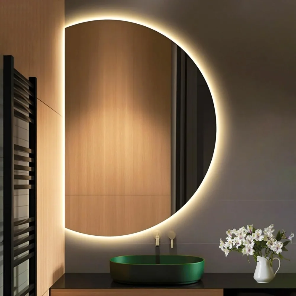 

Modern Smart Anti-Fog Bathroom Mirror with Lights, Half Moon LED Wall Mirror, 3 Colors Dimmable Makeup Vanity Mirror
