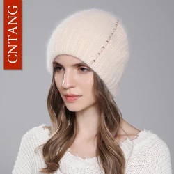 CNTANG Women Angora Rabbit Fur Hat Winter Knitted Warm Beanies Fashion Luxury Designer Hats For Female With Pearl Diamond Cap